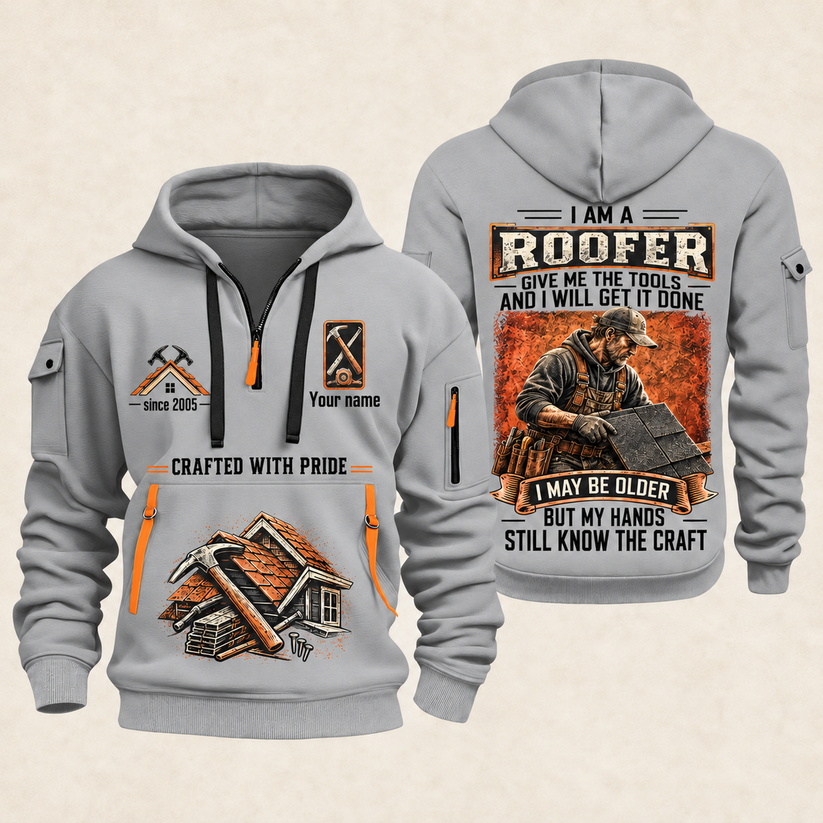 Roofer Skills Remain quarter-zip hoodie in Light Grey, front and back, Your name and since 2005 artwork