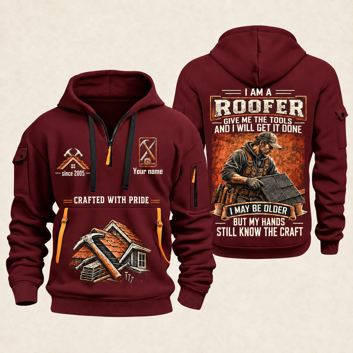 Roofer Skills Remain quarter-zip hoodie in Wine Red, front and back, Your name and since 2005 artwork