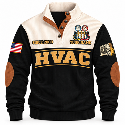 Front of Black HVAC sports sweatshirt with cream yoke, quarter-button collar, brown elbow details and HVAC artwork