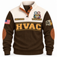 Front of Brown HVAC sports sweatshirt with cream yoke, quarter-button collar, brown elbow details and HVAC artwork