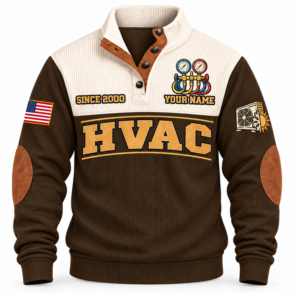 Front of Brown HVAC sports sweatshirt with cream yoke, quarter-button collar, brown elbow details and HVAC artwork