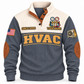 Front of Grey HVAC sports sweatshirt with cream yoke, quarter-button collar, brown elbow details and HVAC artwork
