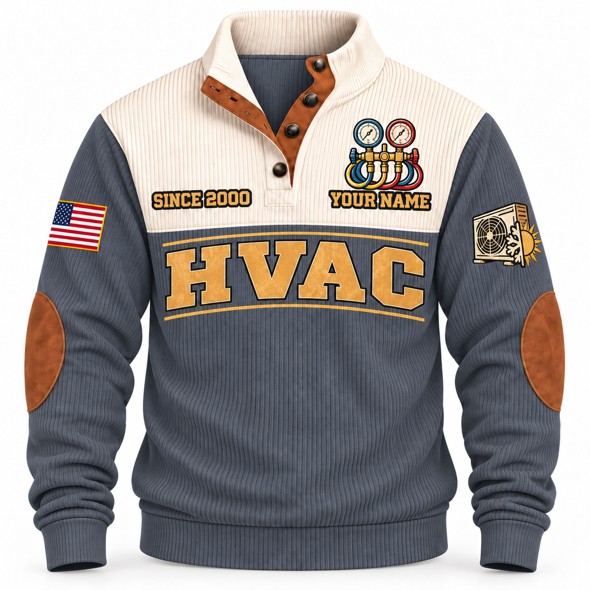 Front of Grey HVAC sports sweatshirt with cream yoke, quarter-button collar, brown elbow details and HVAC artwork