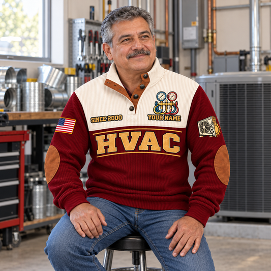 Adult model wearing the Jujube Red HVAC sports sweatshirt in a relaxed service-workshop setting