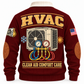 Back of Jujube Red HVAC sports sweatshirt showing condenser fan and manifold-gauge artwork
