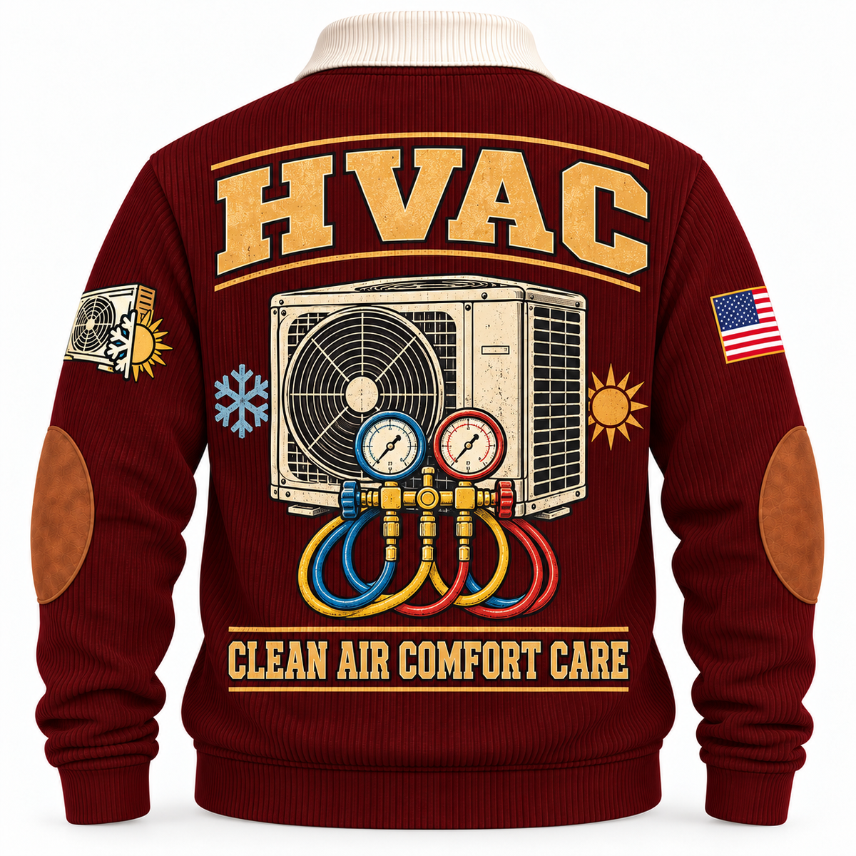 Back of Jujube Red HVAC sports sweatshirt showing condenser fan and manifold-gauge artwork