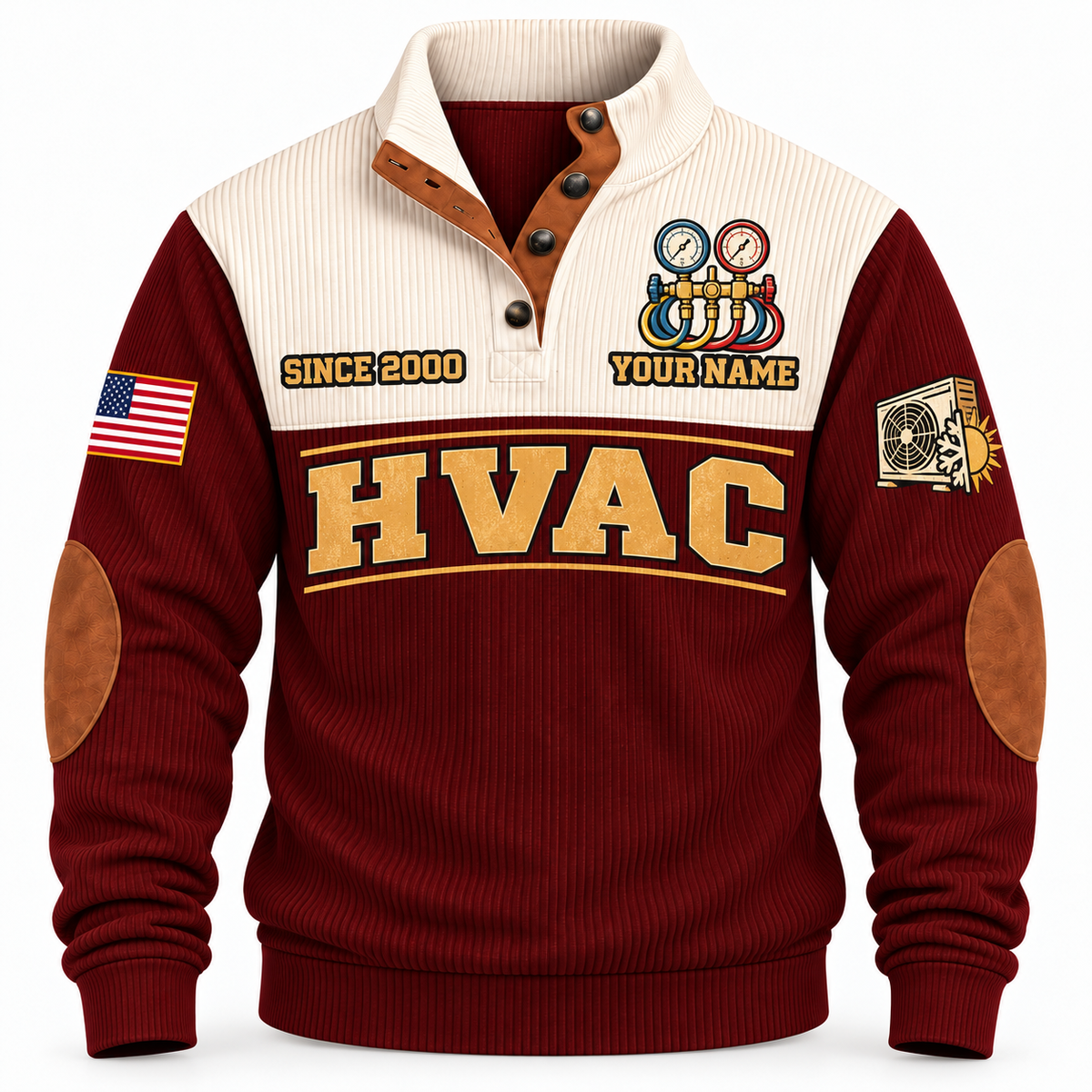 Front of Jujube Red HVAC sports sweatshirt with cream yoke, quarter-button collar, brown elbow details and HVAC artwork