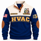 Front of Navy HVAC sports sweatshirt with cream yoke, quarter-button collar, brown elbow details and HVAC artwork
