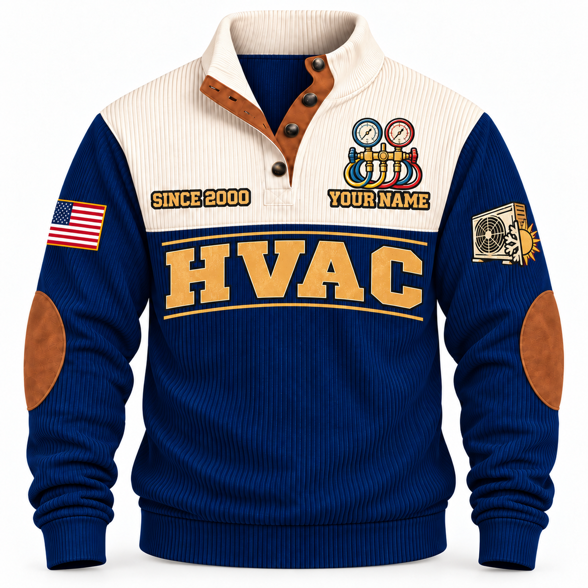 Front of Navy HVAC sports sweatshirt with cream yoke, quarter-button collar, brown elbow details and HVAC artwork