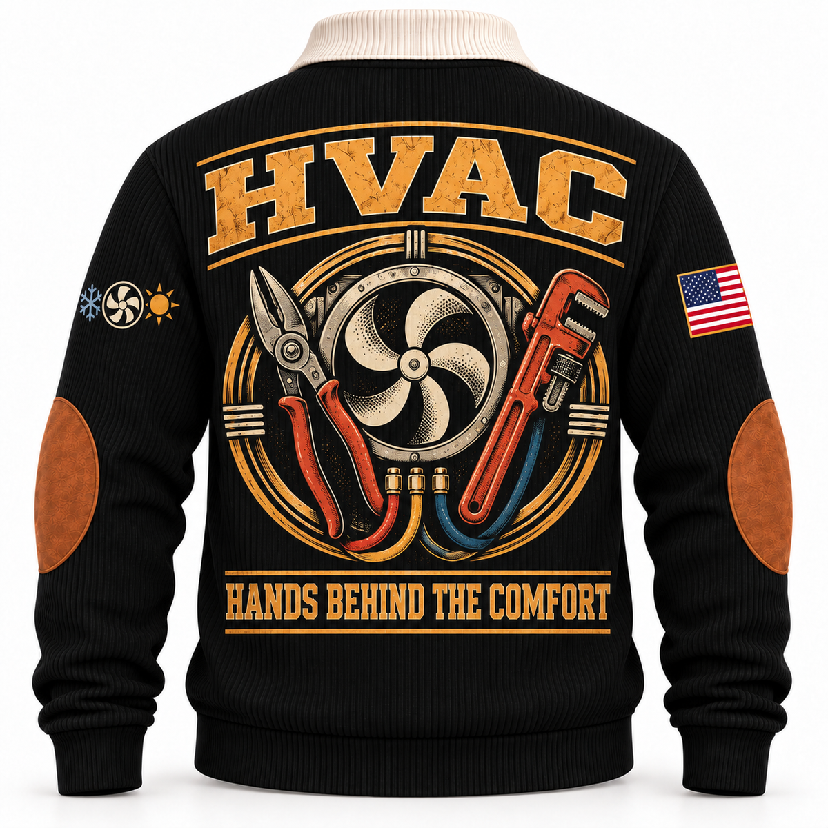 Back of Black HVAC sports sweatshirt with fan, service tools and Hands Behind the Comfort artwork
