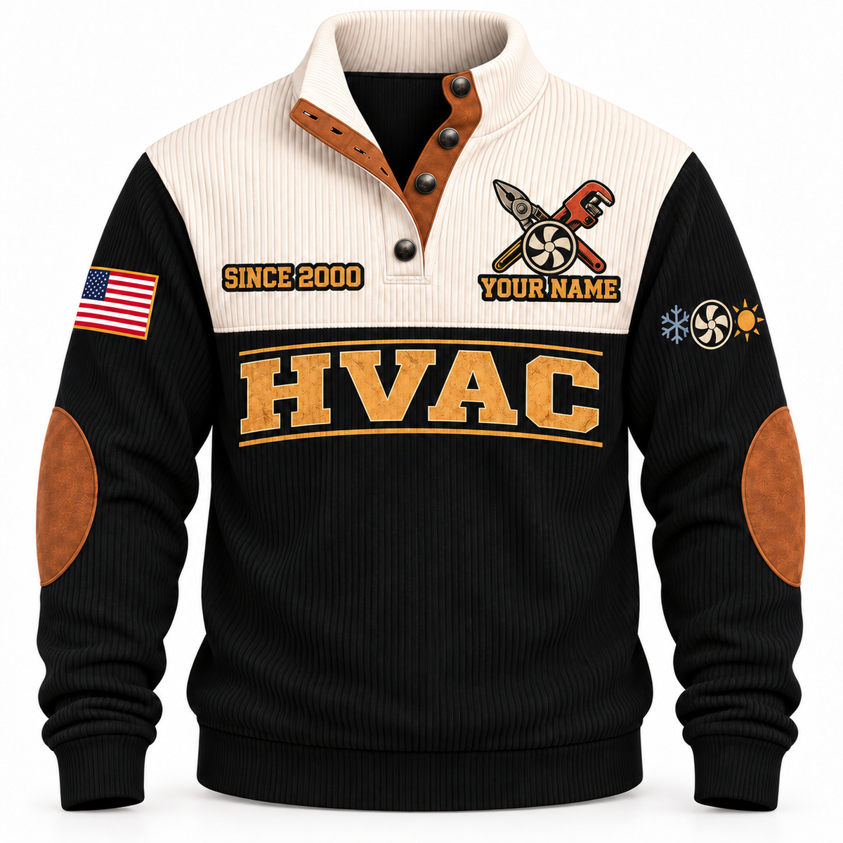 Front of Black HVAC Hands Behind the Comfort sports sweatshirt with cream yoke and fan/service-tool artwork