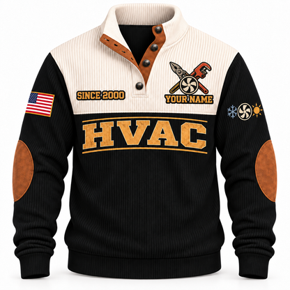 Front of Black HVAC Hands Behind the Comfort sports sweatshirt with cream yoke and fan/service-tool artwork