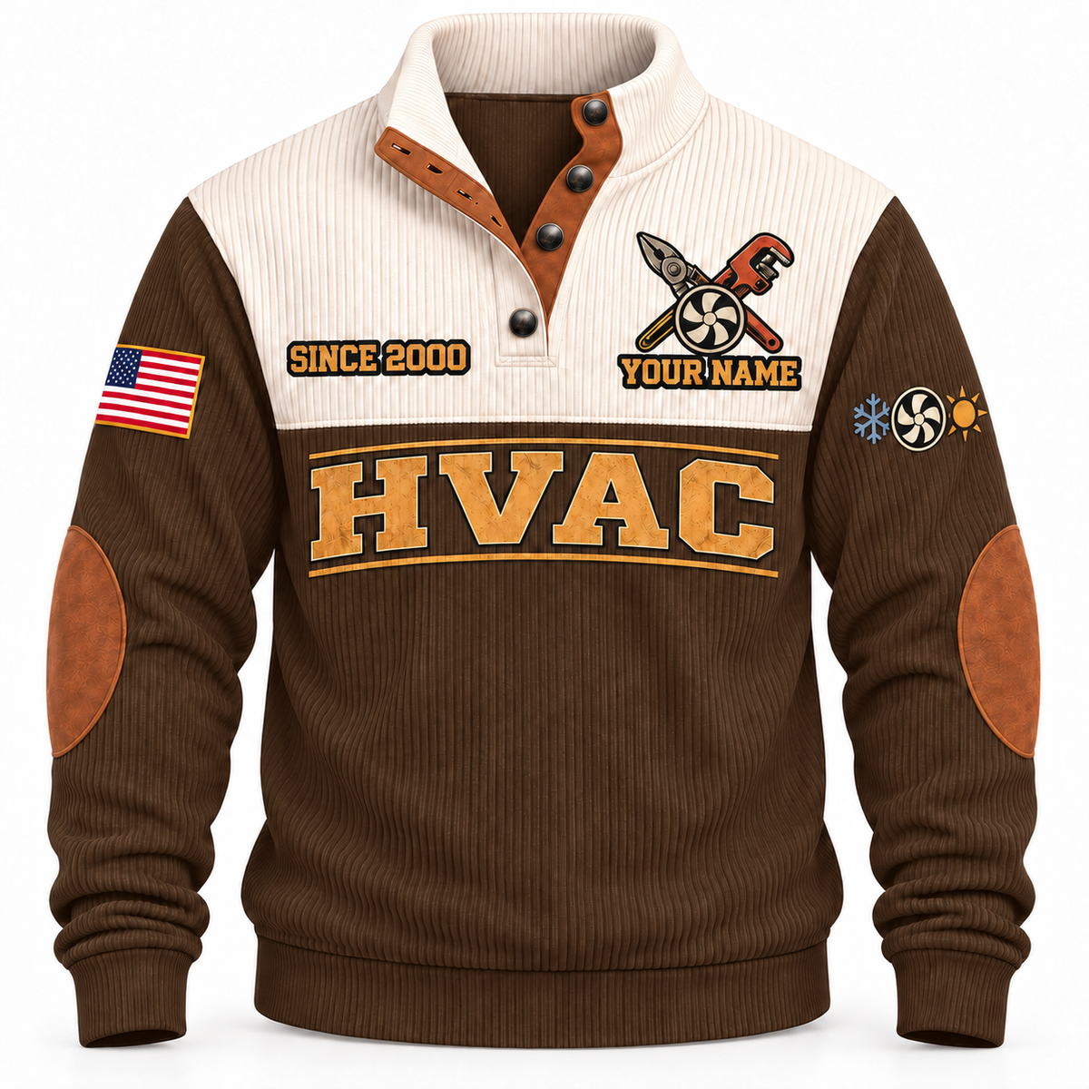 Front of Brown HVAC Hands Behind the Comfort sports sweatshirt with cream yoke and fan/service-tool artwork