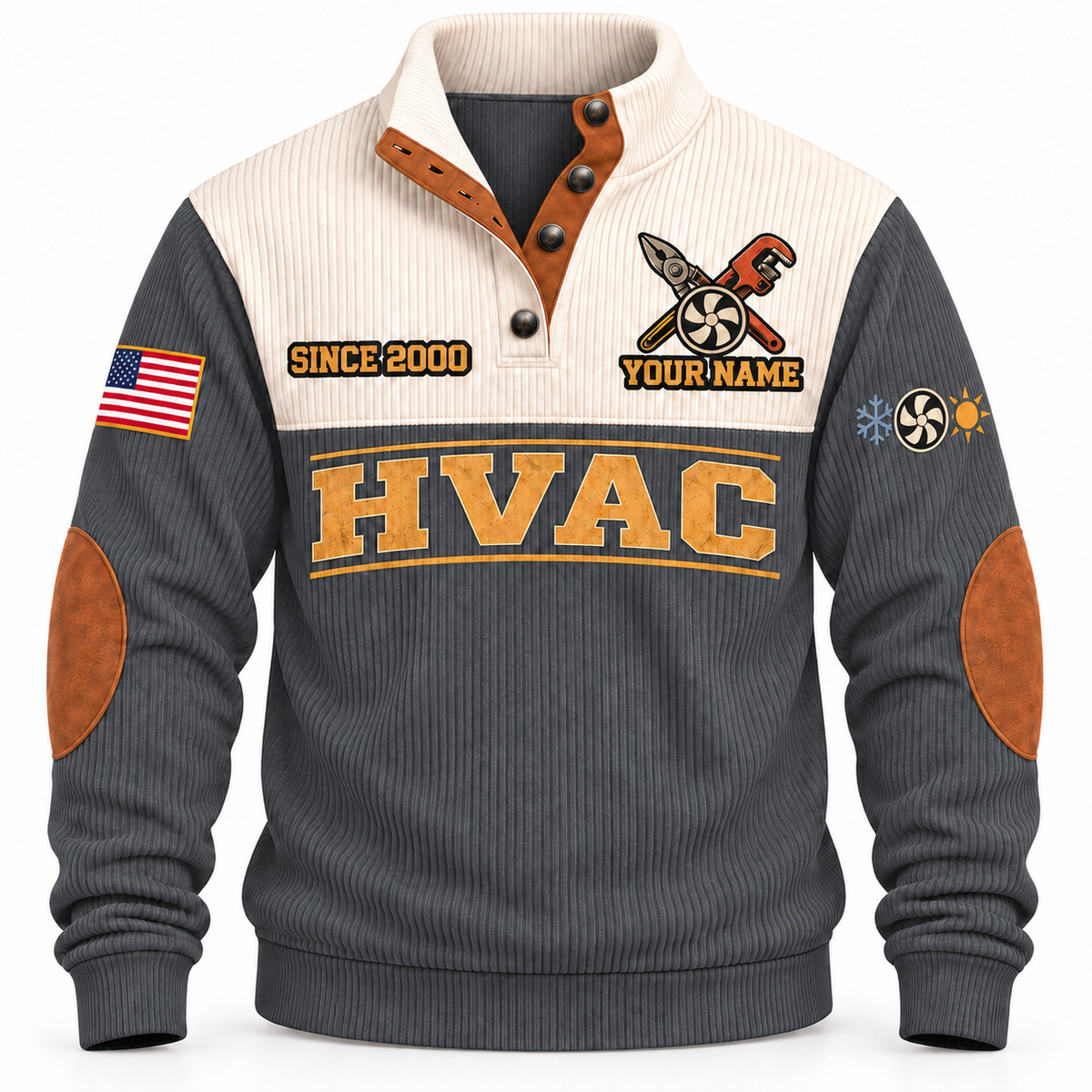 Front of Grey HVAC Hands Behind the Comfort sports sweatshirt with cream yoke and fan/service-tool artwork