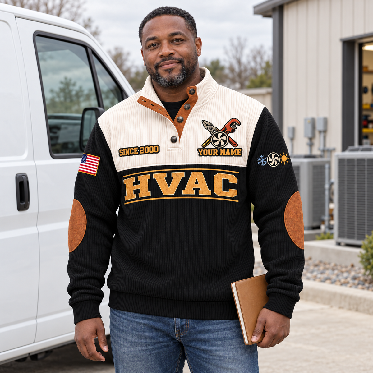 Adult model wearing the Black HVAC Hands Behind the Comfort sports sweatshirt beside a parked service van