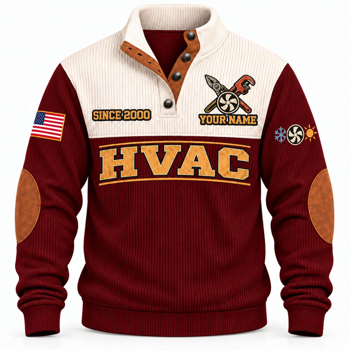 Front of Jujube Red HVAC Hands Behind the Comfort sports sweatshirt with cream yoke and fan/service-tool artwork