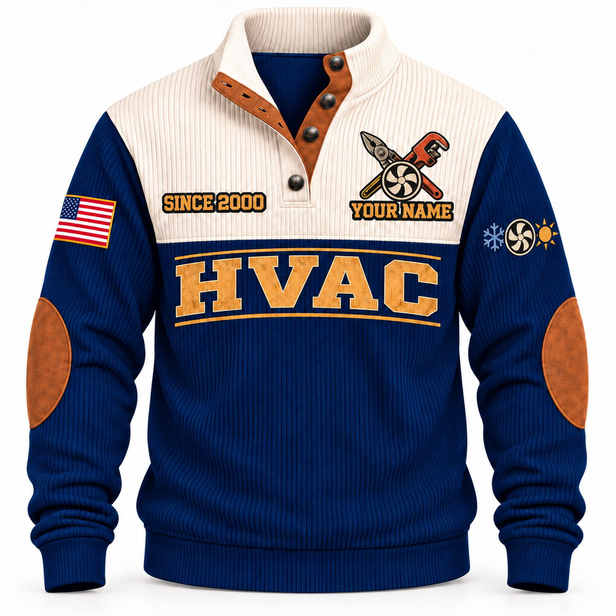 Front of Navy HVAC Hands Behind the Comfort sports sweatshirt with cream yoke and fan/service-tool artwork
