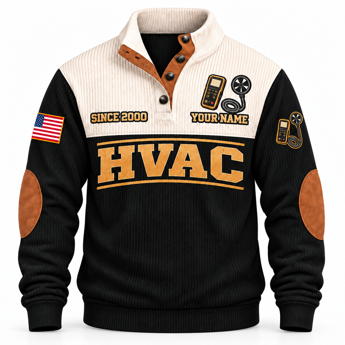 Front of Black HVAC Plan Measure Balance sports sweatshirt with cream yoke and airflow-anemometer artwork