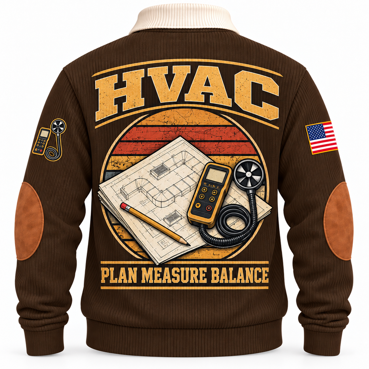 Back of Brown HVAC sports sweatshirt with duct plans, airflow meter and Plan Measure Balance artwork