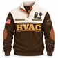 Front of Brown HVAC Plan Measure Balance sports sweatshirt with cream yoke and airflow-anemometer artwork