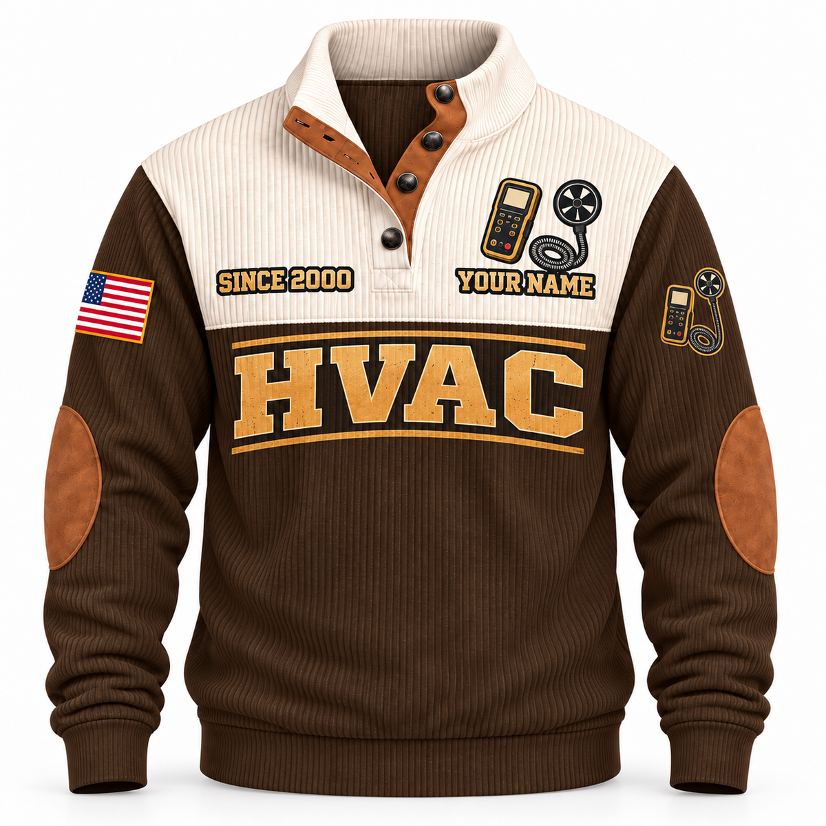 Front of Brown HVAC Plan Measure Balance sports sweatshirt with cream yoke and airflow-anemometer artwork