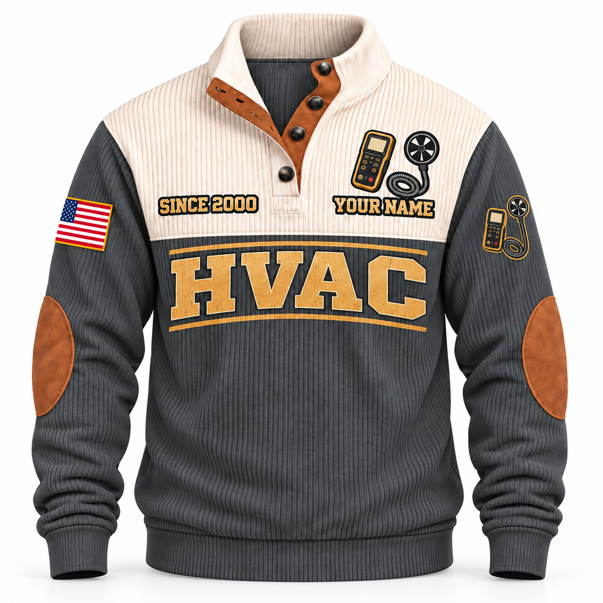Front of Grey HVAC Plan Measure Balance sports sweatshirt with cream yoke and airflow-anemometer artwork
