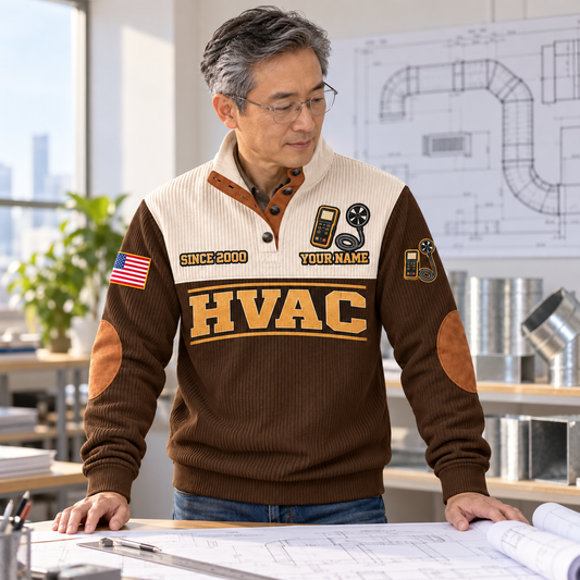 Adult model wearing the Brown HVAC Plan Measure Balance sports sweatshirt beside a drafting table in a planning studio