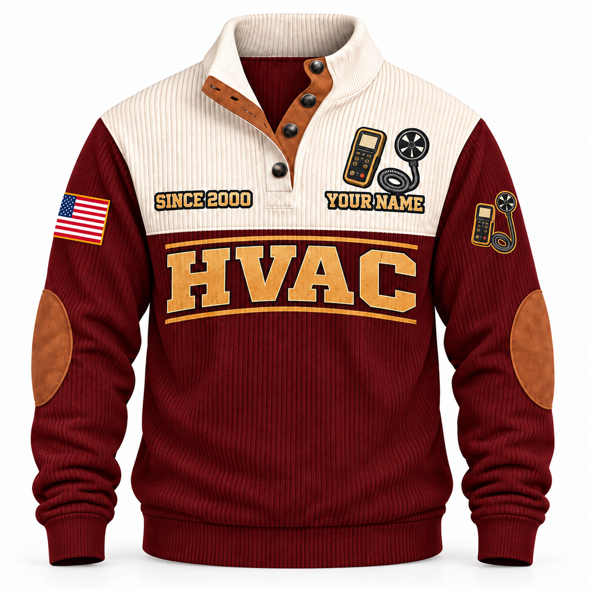 Front of Jujube Red HVAC Plan Measure Balance sports sweatshirt with cream yoke and airflow-anemometer artwork