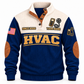 Front of Navy HVAC Plan Measure Balance sports sweatshirt with cream yoke and airflow-anemometer artwork