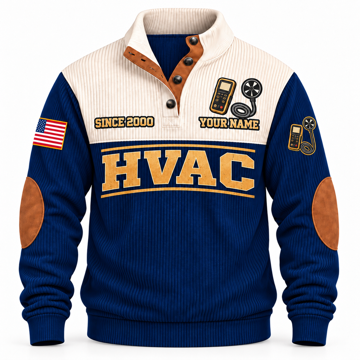 Front of Navy HVAC Plan Measure Balance sports sweatshirt with cream yoke and airflow-anemometer artwork