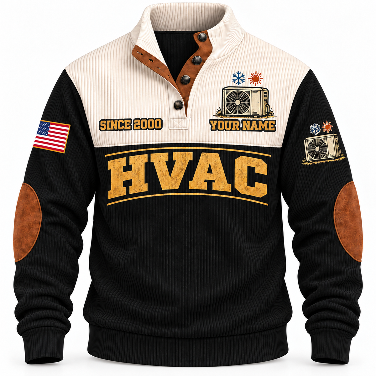 Front of Black HVAC Comfort for Tomorrow sports sweatshirt with cream yoke and heat-pump artwork