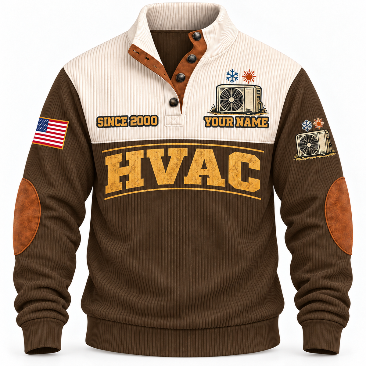 Front of Brown HVAC Comfort for Tomorrow sports sweatshirt with cream yoke and heat-pump artwork