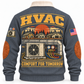 Back of Grey HVAC sports sweatshirt with houses, heat pump, ductwork and Comfort for Tomorrow artwork