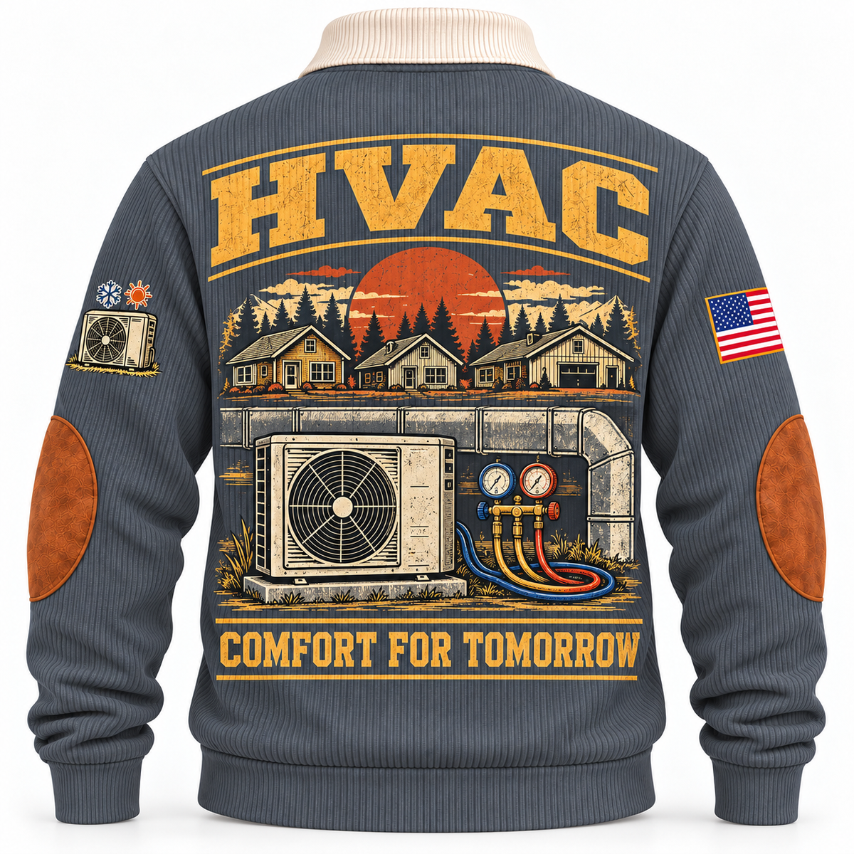 Back of Grey HVAC sports sweatshirt with houses, heat pump, ductwork and Comfort for Tomorrow artwork