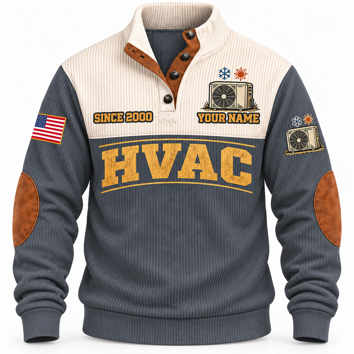 Front of Grey HVAC Comfort for Tomorrow sports sweatshirt with cream yoke and heat-pump artwork