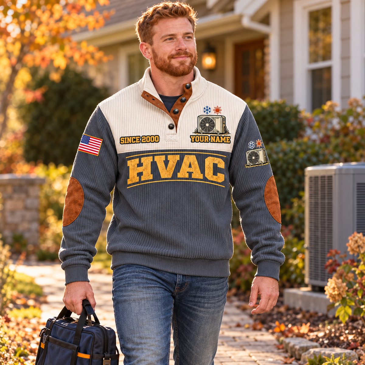 Adult model wearing the Grey HVAC Comfort for Tomorrow sports sweatshirt on a suburban garden path