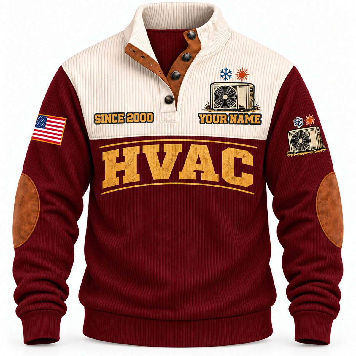Front of Jujube Red HVAC Comfort for Tomorrow sports sweatshirt with cream yoke and heat-pump artwork