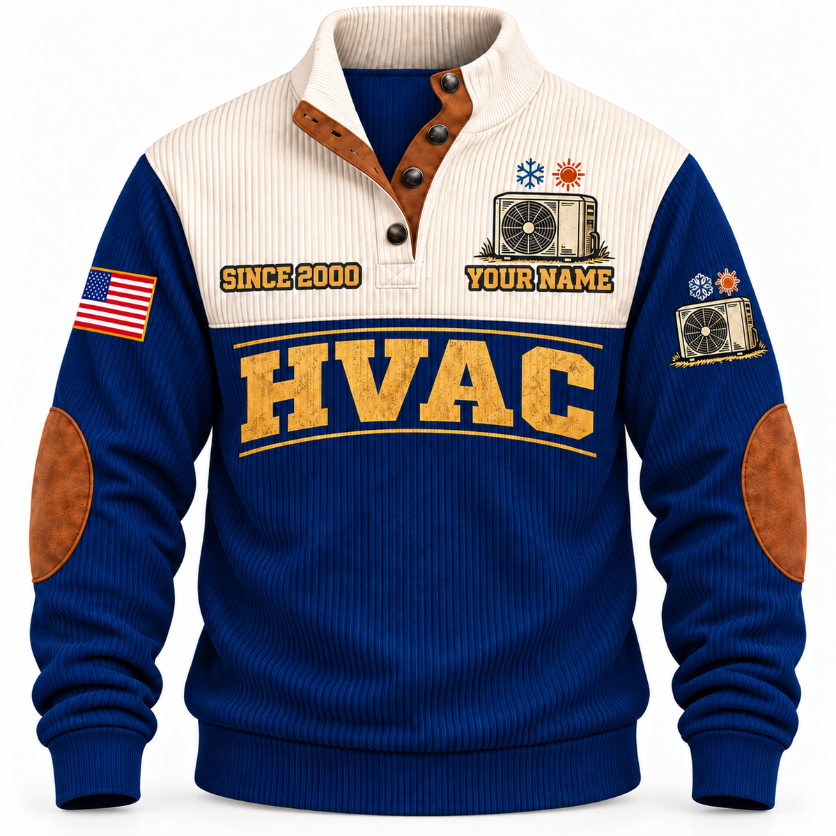 Front of Navy HVAC Comfort for Tomorrow sports sweatshirt with cream yoke and heat-pump artwork