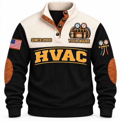 Front of Black Personalized HVAC Comfort Crew Sports Sweatshirt with cream yoke and manifold-gauge and tool-bag artwork