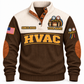 Front of Brown Personalized HVAC Comfort Crew Sports Sweatshirt with cream yoke and manifold-gauge and tool-bag artwork
