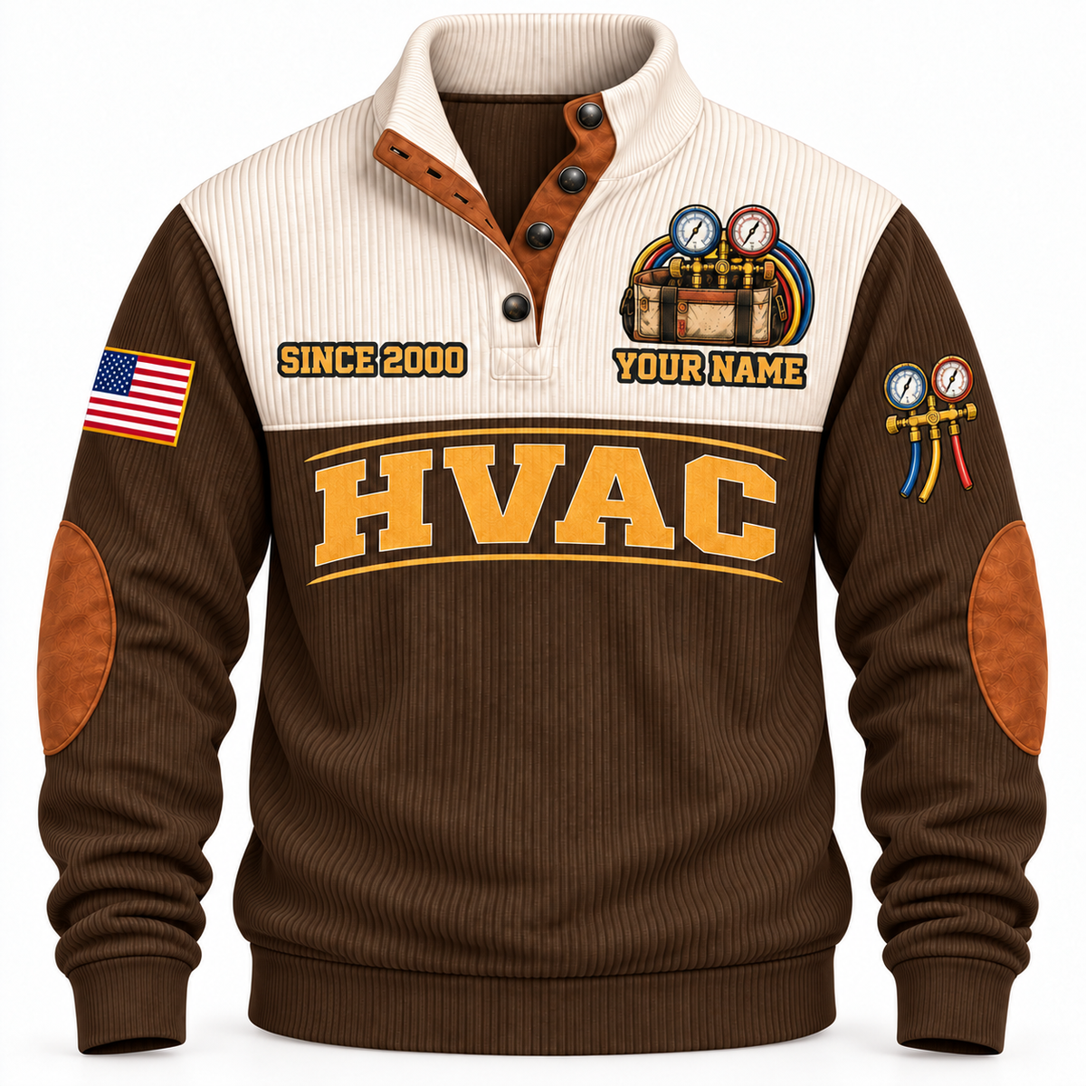 Front of Brown Personalized HVAC Comfort Crew Sports Sweatshirt with cream yoke and manifold-gauge and tool-bag artwork