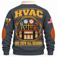 Back of Grey HVAC Comfort Crew sports sweatshirt with service-tool-bag illustration and One Crew All Seasons lettering