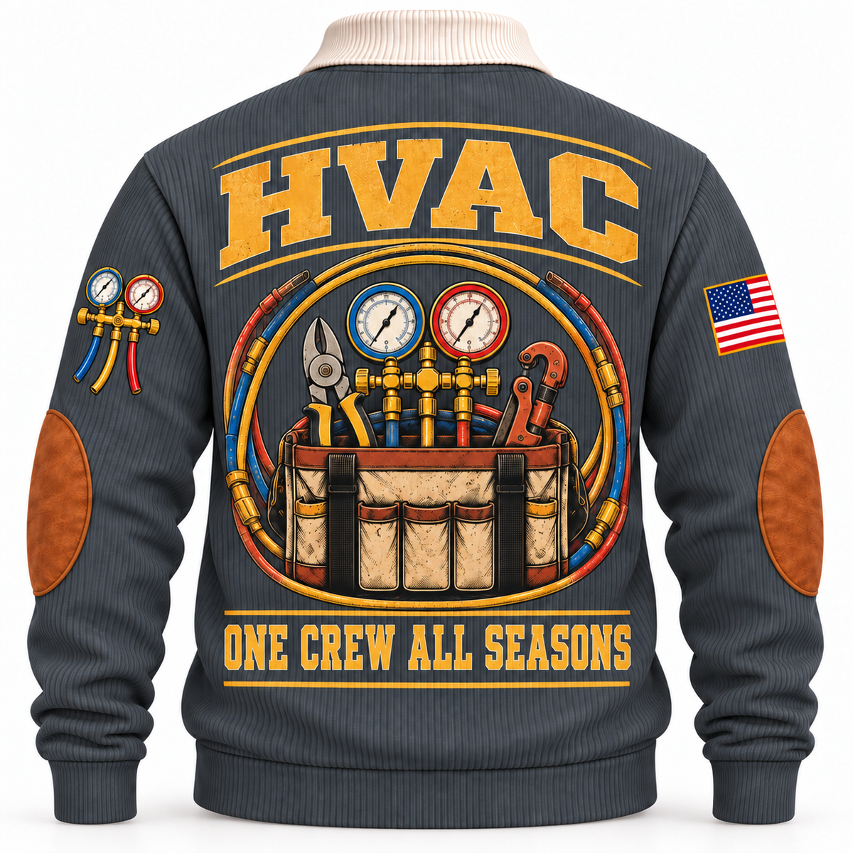 Back of Grey HVAC Comfort Crew sports sweatshirt with service-tool-bag illustration and One Crew All Seasons lettering