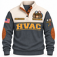 Front of Grey Personalized HVAC Comfort Crew Sports Sweatshirt with cream yoke and manifold-gauge and tool-bag artwork