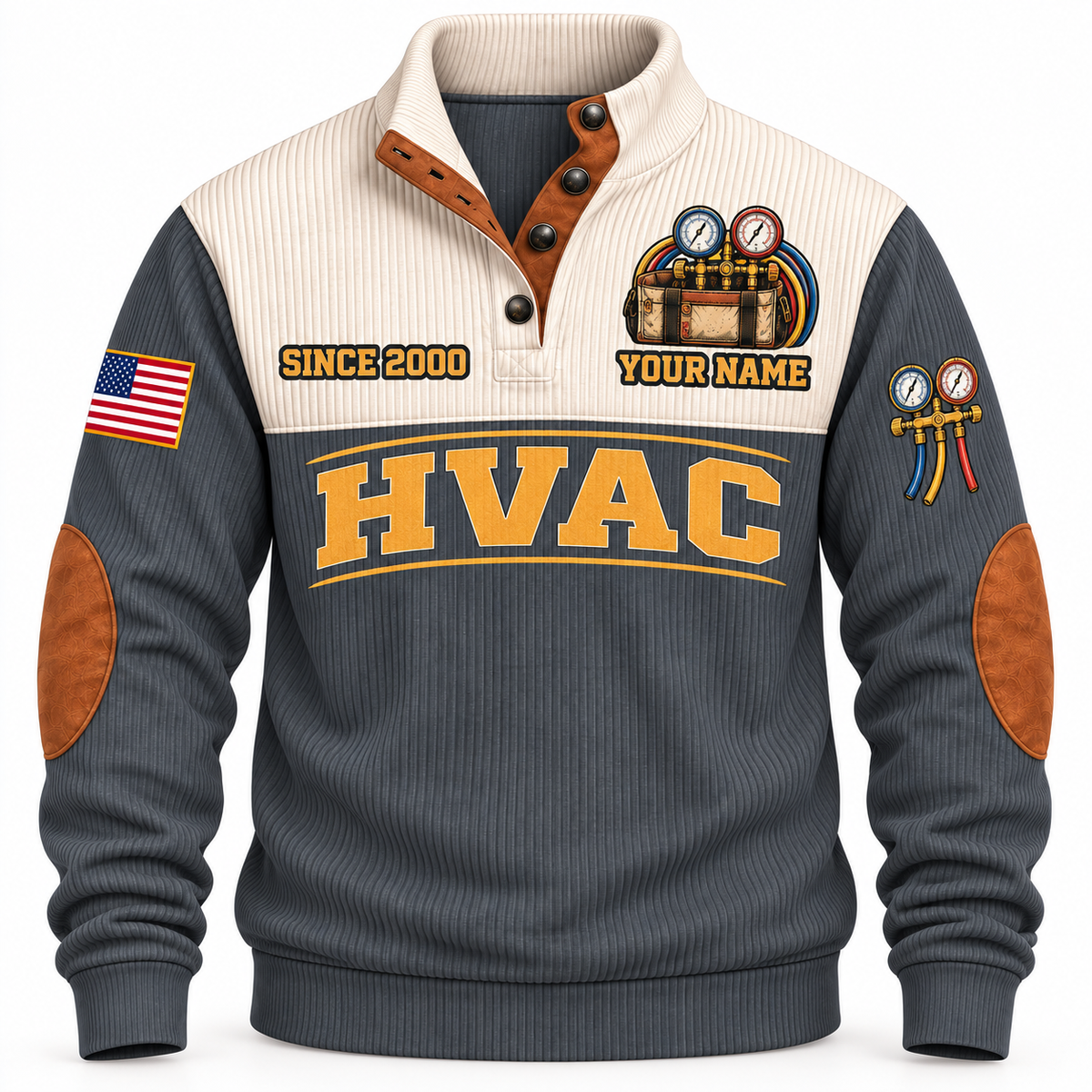 Front of Grey Personalized HVAC Comfort Crew Sports Sweatshirt with cream yoke and manifold-gauge and tool-bag artwork