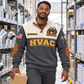 Adult model wearing the Grey HVAC Comfort Crew sports sweatshirt in an HVAC parts warehouse