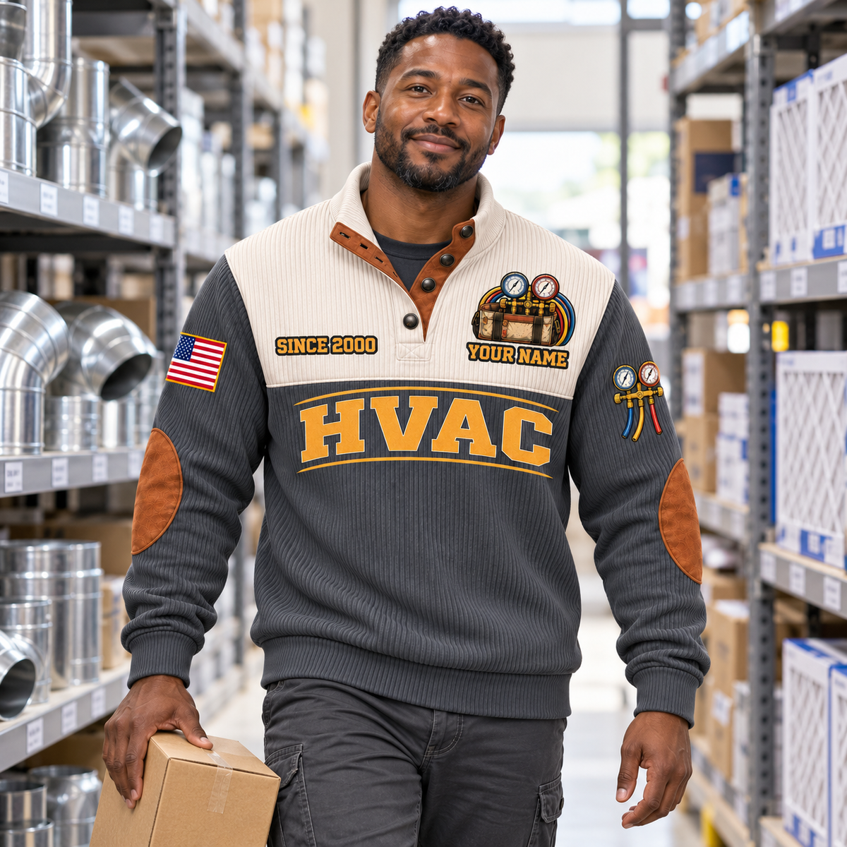 Adult model wearing the Grey HVAC Comfort Crew sports sweatshirt in an HVAC parts warehouse