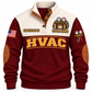 Front of Jujube Red Personalized HVAC Comfort Crew Sports Sweatshirt with cream yoke and manifold-gauge and tool-bag artwork