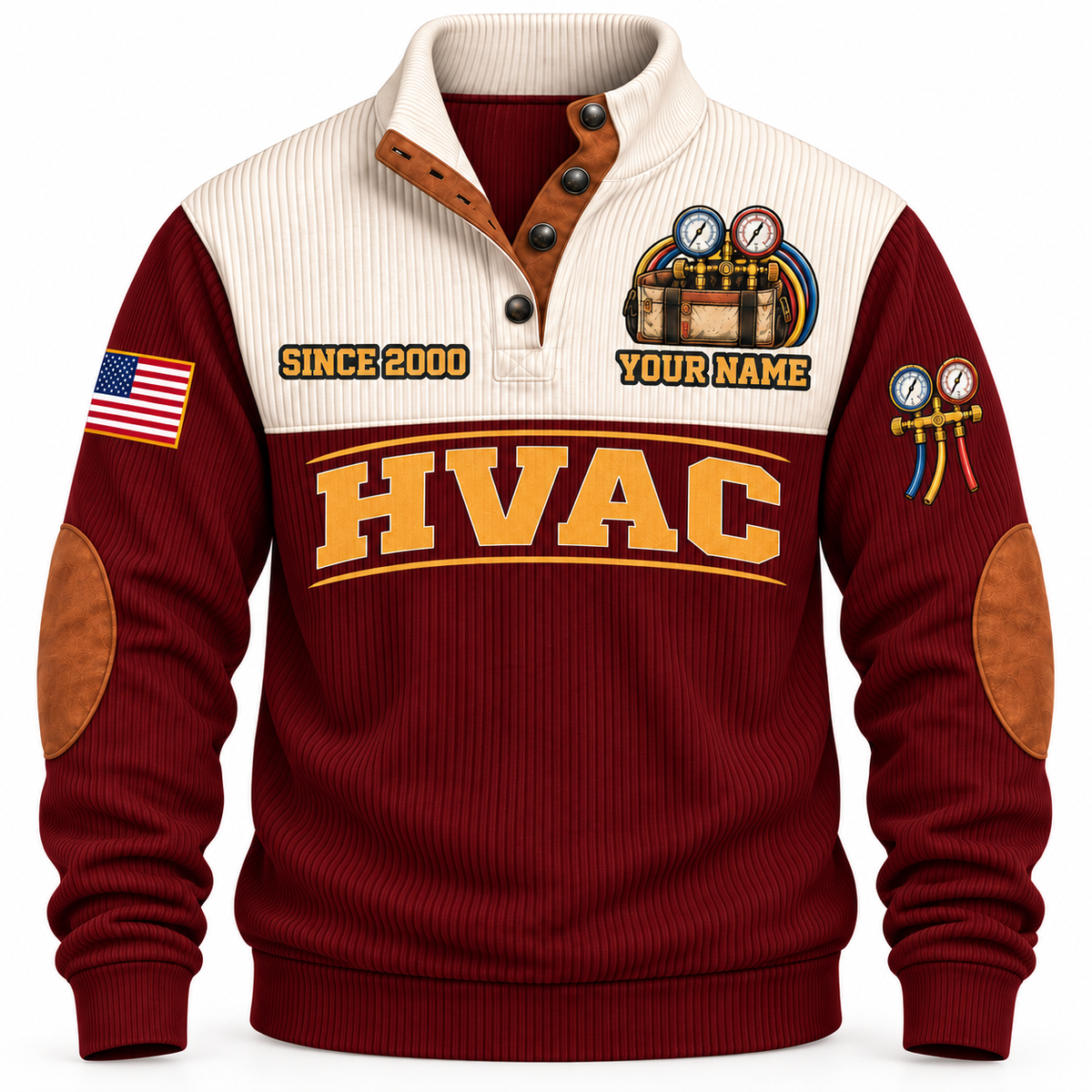 Front of Jujube Red Personalized HVAC Comfort Crew Sports Sweatshirt with cream yoke and manifold-gauge and tool-bag artwork