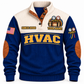 Front of Navy Personalized HVAC Comfort Crew Sports Sweatshirt with cream yoke and manifold-gauge and tool-bag artwork